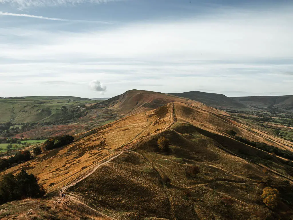 Looking down to the Great Ridge and the valley on either side, on the circular walk route from Mam Tor.