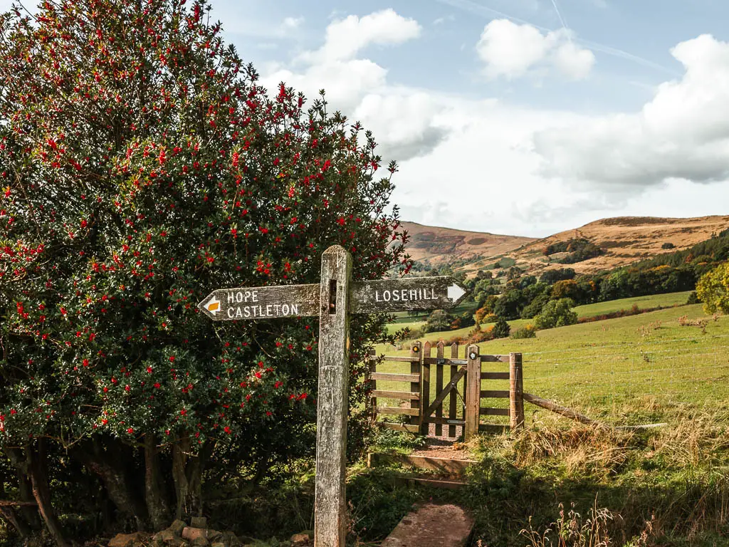 A wooden trail signpost pointing left to Hop Castleton and right to Lose hill. There is a tree with red berries to the left of the sign, and a wooden gate behind it.