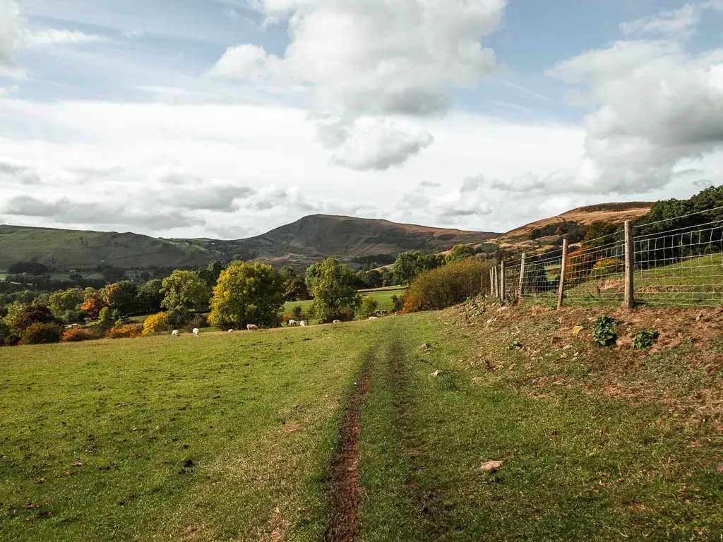 A small dirt track through the grass field, leading to some trees. There is a wooden and wore fence on the right.