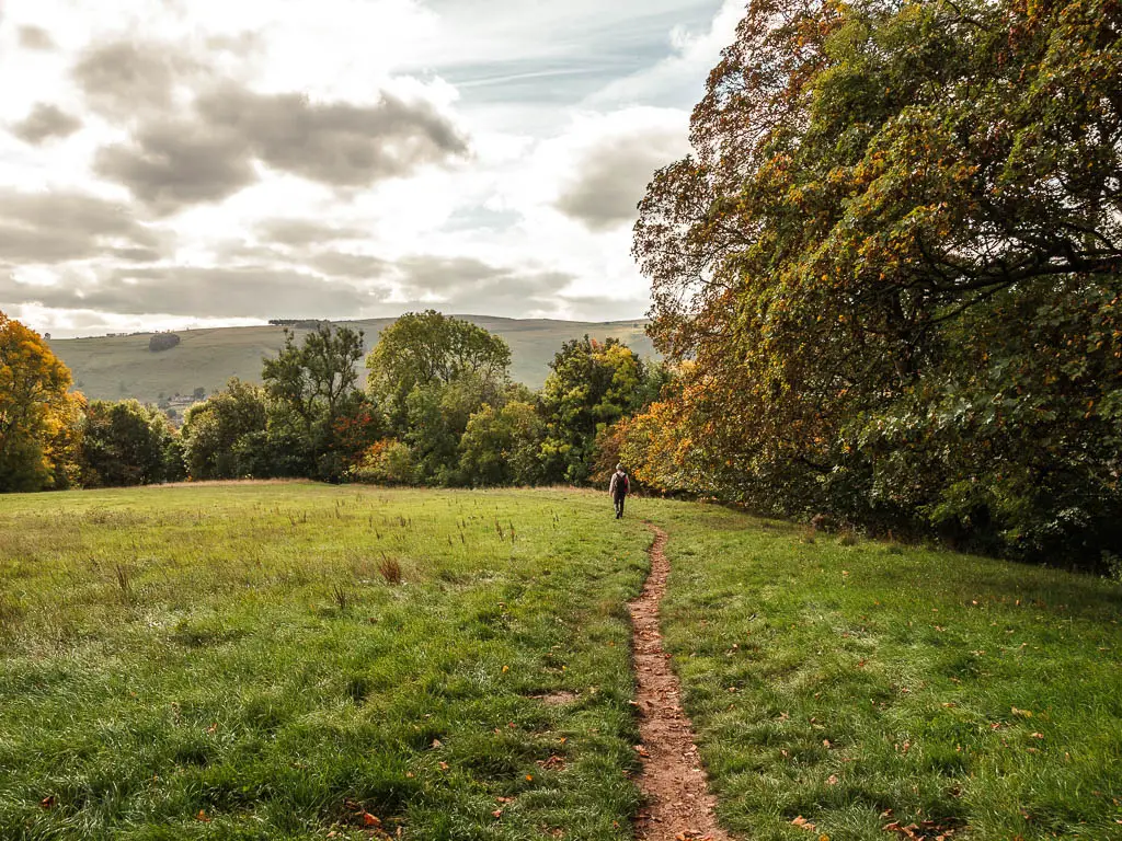 A narrow dirt trail running across the large grass field, with trees to the right and ahead on the other side.