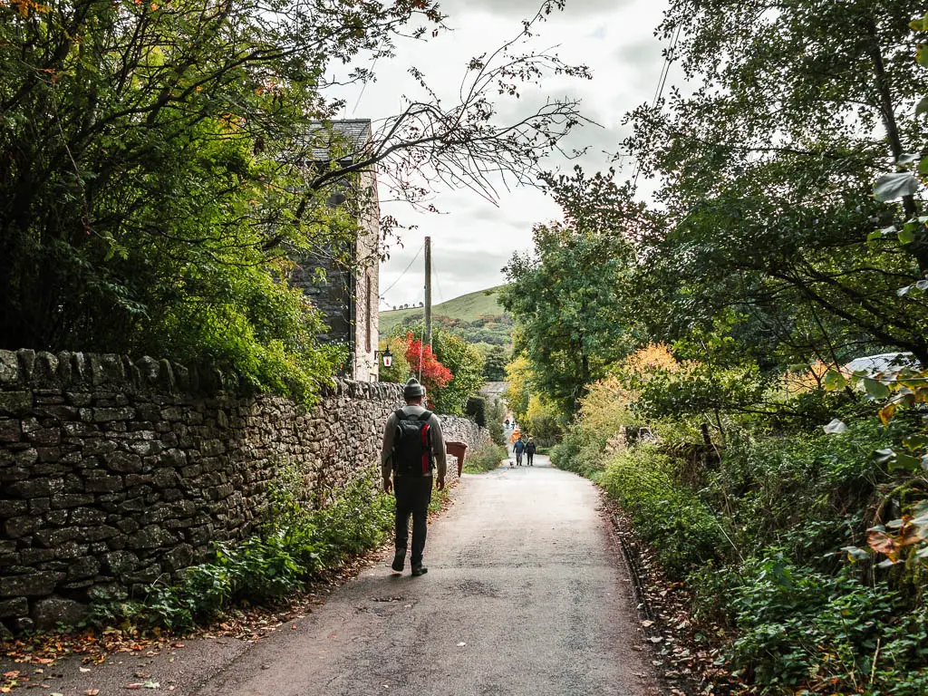 A man walking on a small road on the circular Mam Tor walk. There is a stone wall to the left with a tree hanging over it, and bushes to the right. 