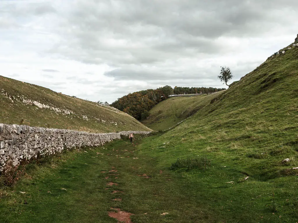 Looking down through the deep narrow valley, with a stone wall running along the bottom, on the walk back to Mam Tor.
