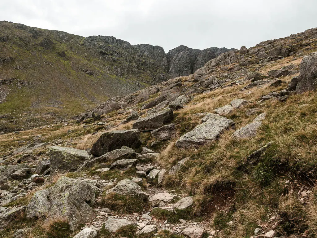 A rocky rugged path mixed in with overgrown grass, and a big rock face hill ahead. 