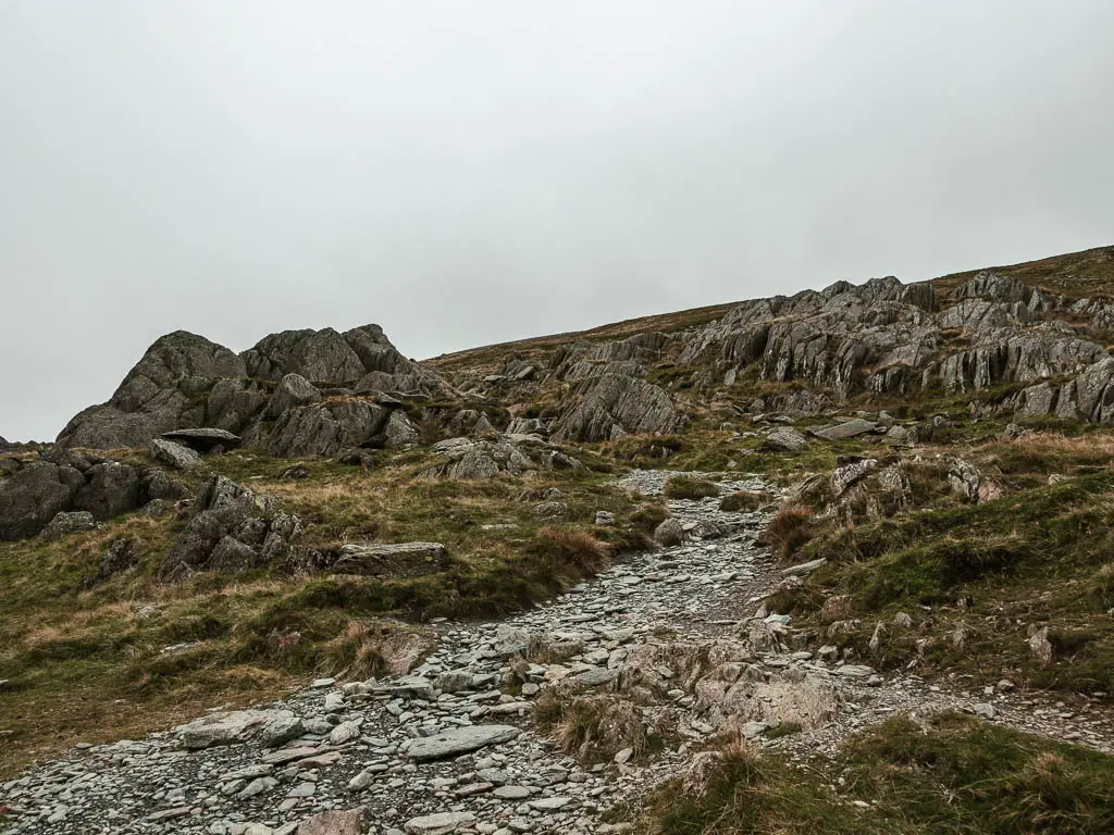 A rocky path leading to the right, with some bigger rocks ahead along the side of the path.