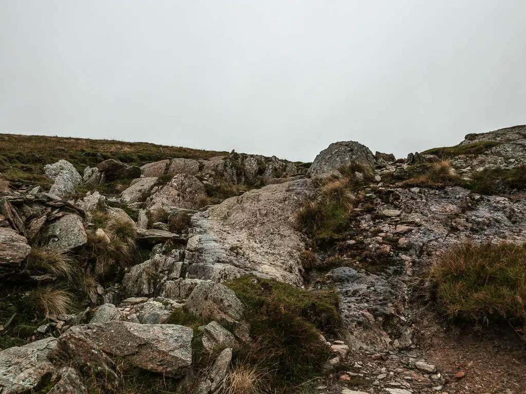 A mass of large rocks along the route up the Old Man of Coniston.