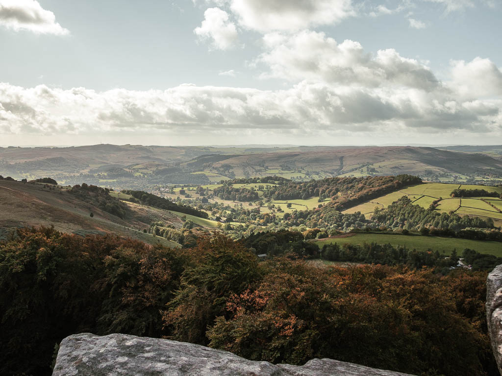 Looking across the valley and hills of the Peak District National Park.