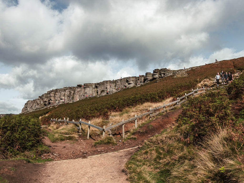 A trail split with a view of the rock face of Stanage Edge ahead, at the start of the circular walk route.