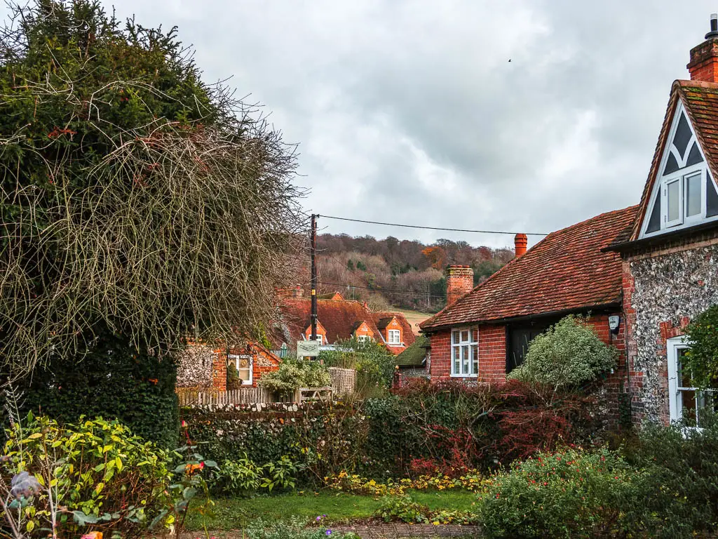 Looking across a pretty front lawn towards the cute houses of Hambleden, half way through the walk from Henley.