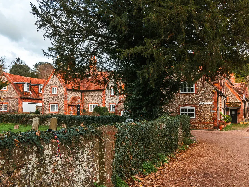A stone wall with ivy wrapped over it to the left, and some stone and flint houses ahead.