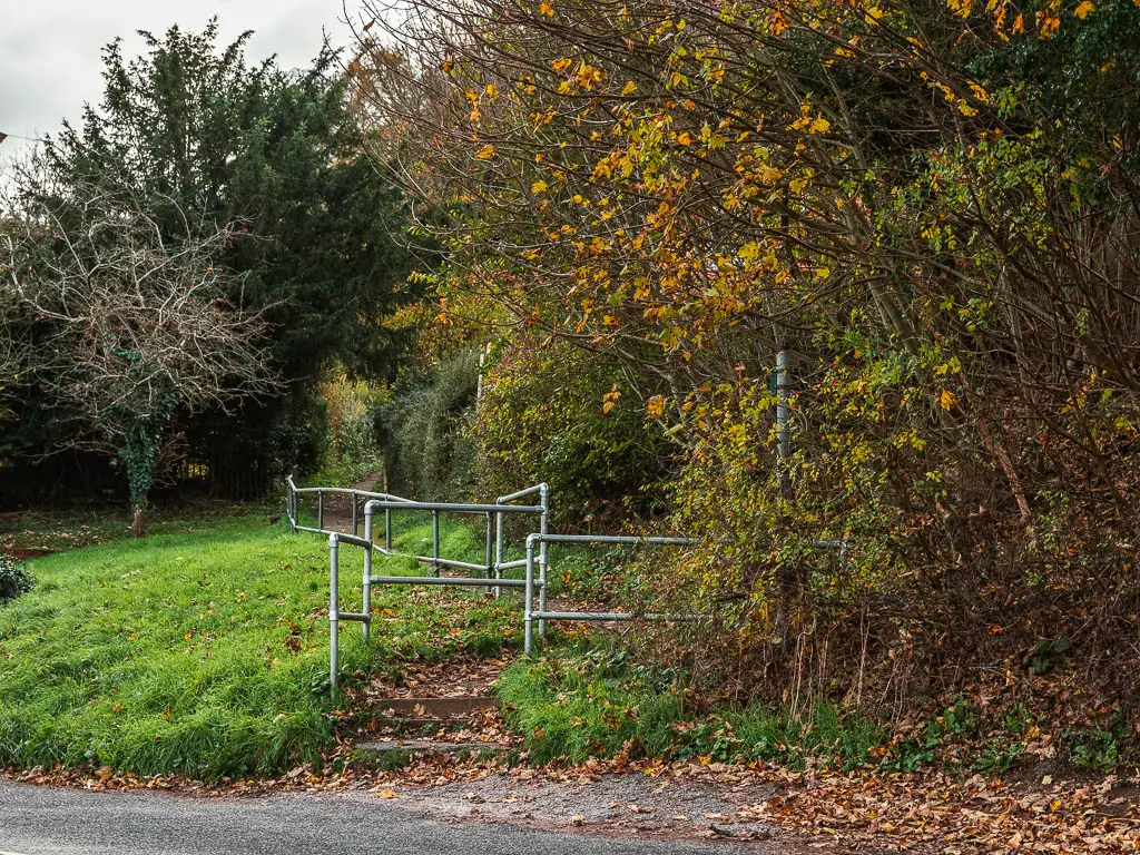 Metal railings leading uphill with bushes and trees to the right and ahead of it.
