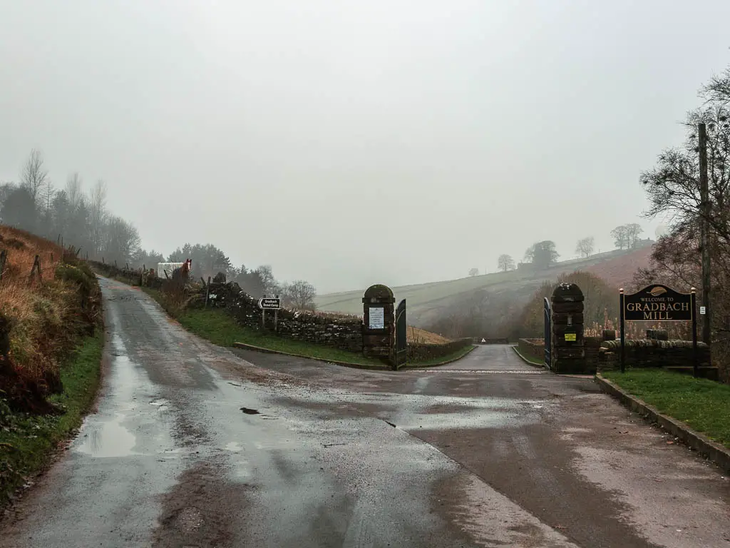 The main road leading left, and a side road to the right, leading to Gradbach Mill.