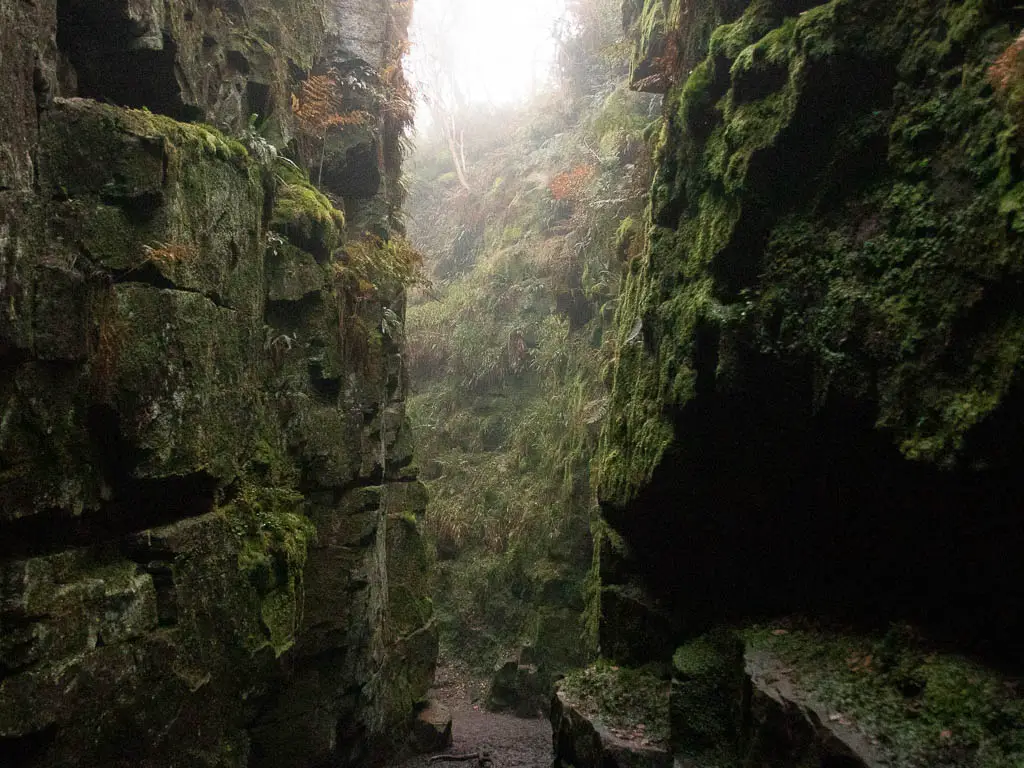 Looking through a narrow gap in the chasm of Lud's Church, at the start of the walk through it. There is light shining down through the opening ahead.