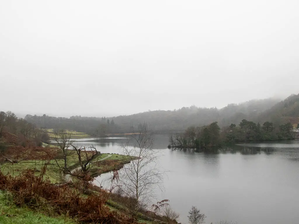 Looking down towards Rydal water surrounded by fog, near the end of the circular walk.