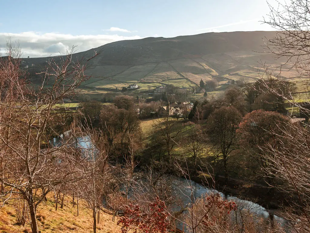 Looking down into the valley to the village of Burnsall on the otters side of the river, near the end of the circular walk back from Grassington. 