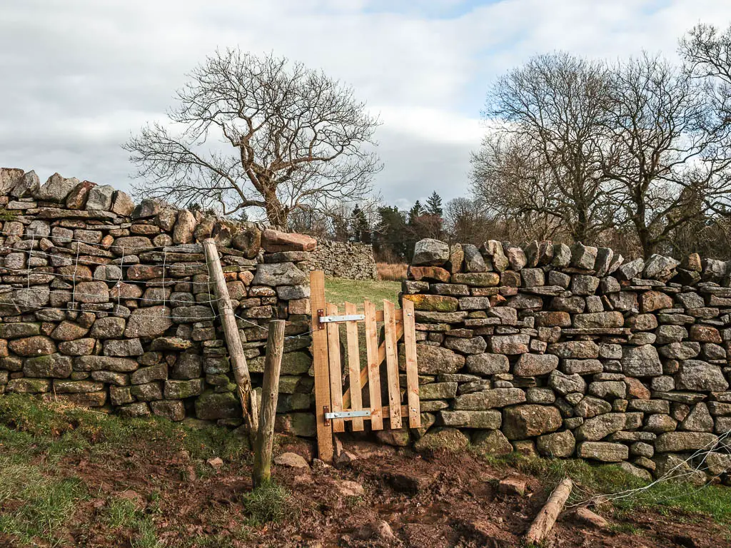 A small wooden gate in a stone wall.