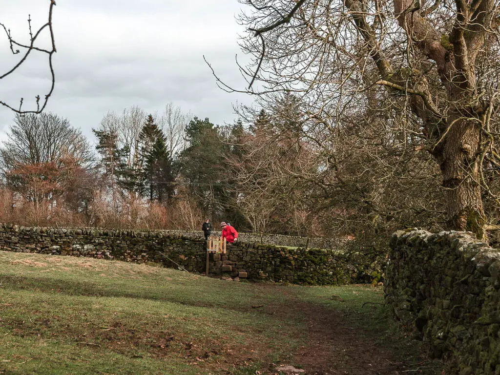 A field with a stone wall to the right and across it ahead. There is a small wooden gate in the stone wall ahead and a couple of people walking through it.