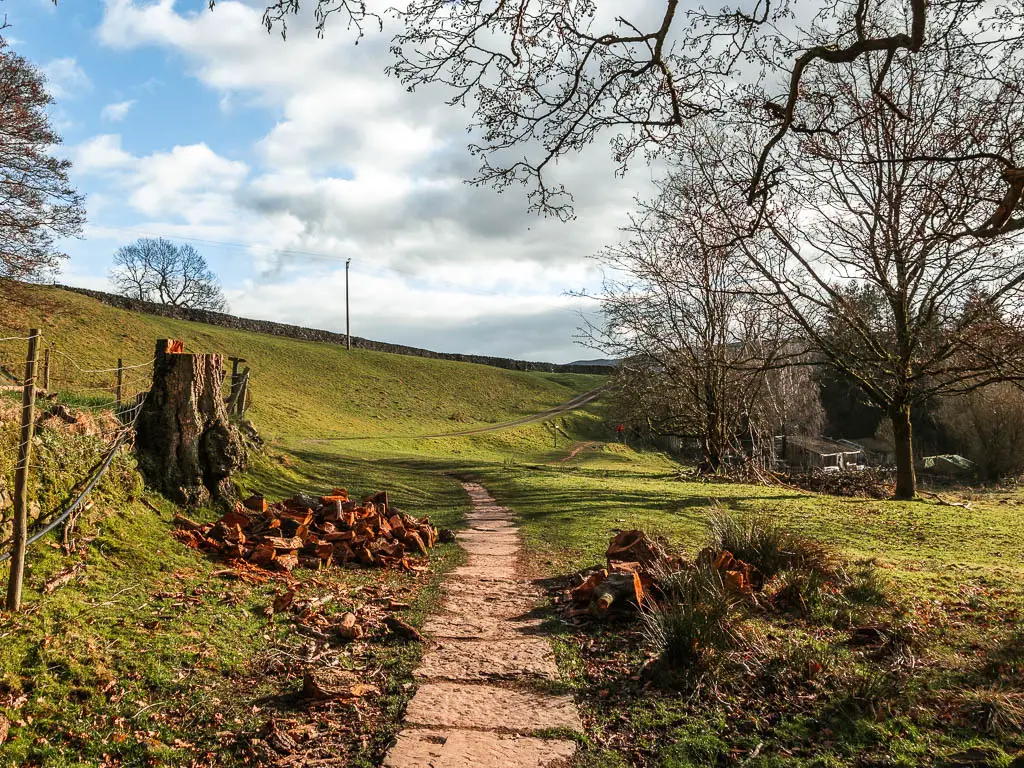 A stone paved path leading towards a green grass hill.