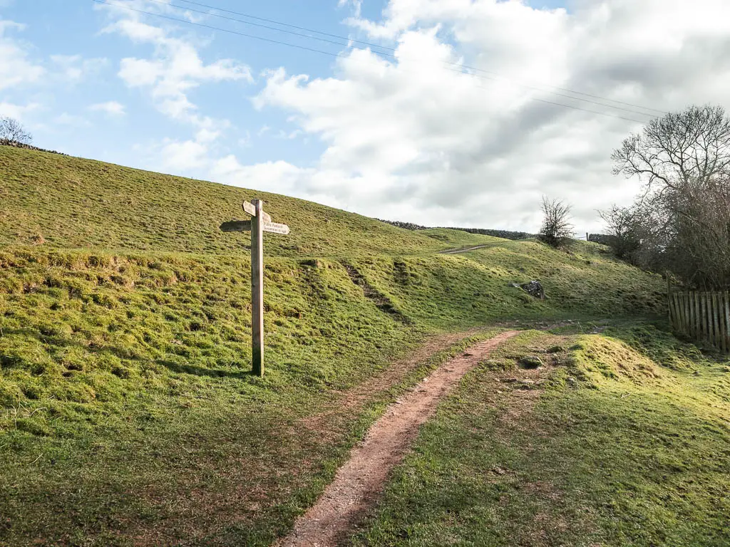 A thin trail running along the side of a hill, with a wooden trail signpost pointing in multiple directions.