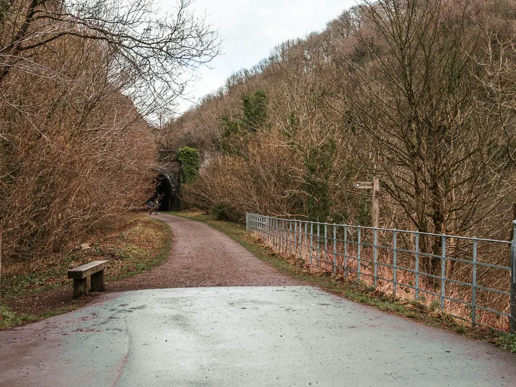 The trail, with a metal fence to the right, and a wooden bench on the left. The path is also lined with leafless trees. There is a trail signpost on the right side of the path, pointing left.