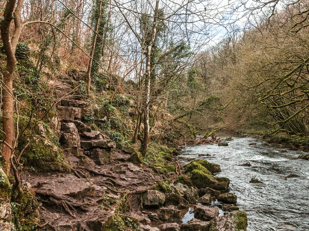 A rocky uphill on the path, with the river to the right, on the circular walk back through Chee Dale.