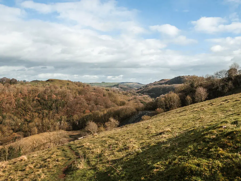 Looking down the grass hill into the valley full of trees. The sky is blue with lots of white clouds.