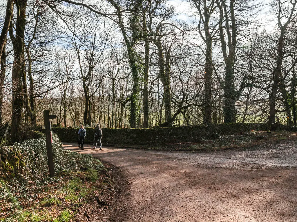 The road was it curves ahead to the left, lined with a stone wall. There is a trail signpost on the left side, pointing right. There are two people walking ahead on the road.