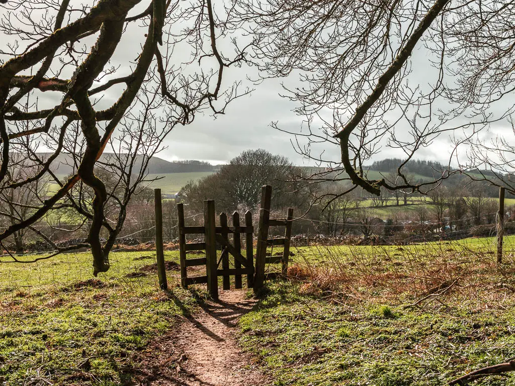 A small wooden gate in a metal fence, leading to a large field.