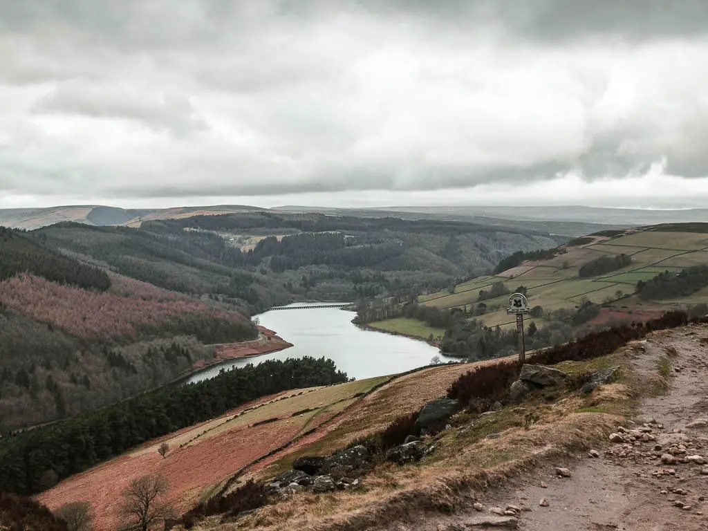 Looking down to the valley and the reservoir, at the turning of the walk up to Derwent Edge.