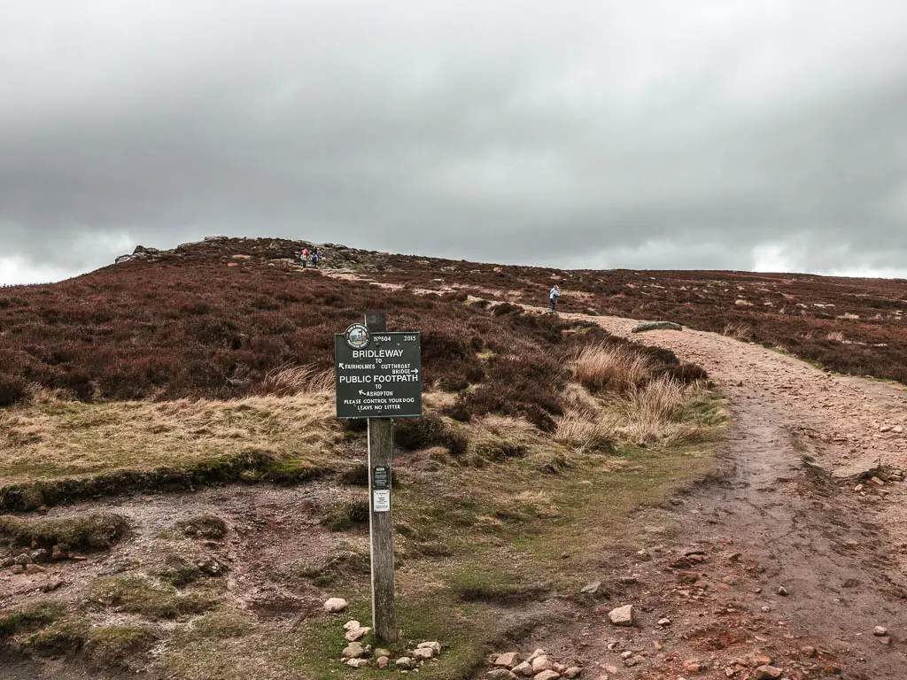 A signpost in front of a trail leading uphill towards Derwent Edge, with a few people walking up it.