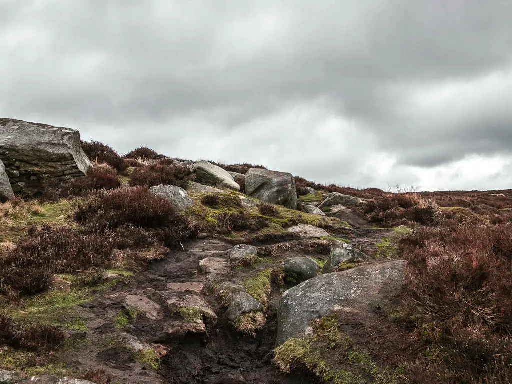 A dirt trail obscured by rocks, on the walk up to Derwent Edge.