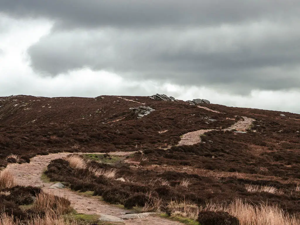 A trail winding along, towards some tors ahead at the start of the walk along the top of Derwent Edge.
