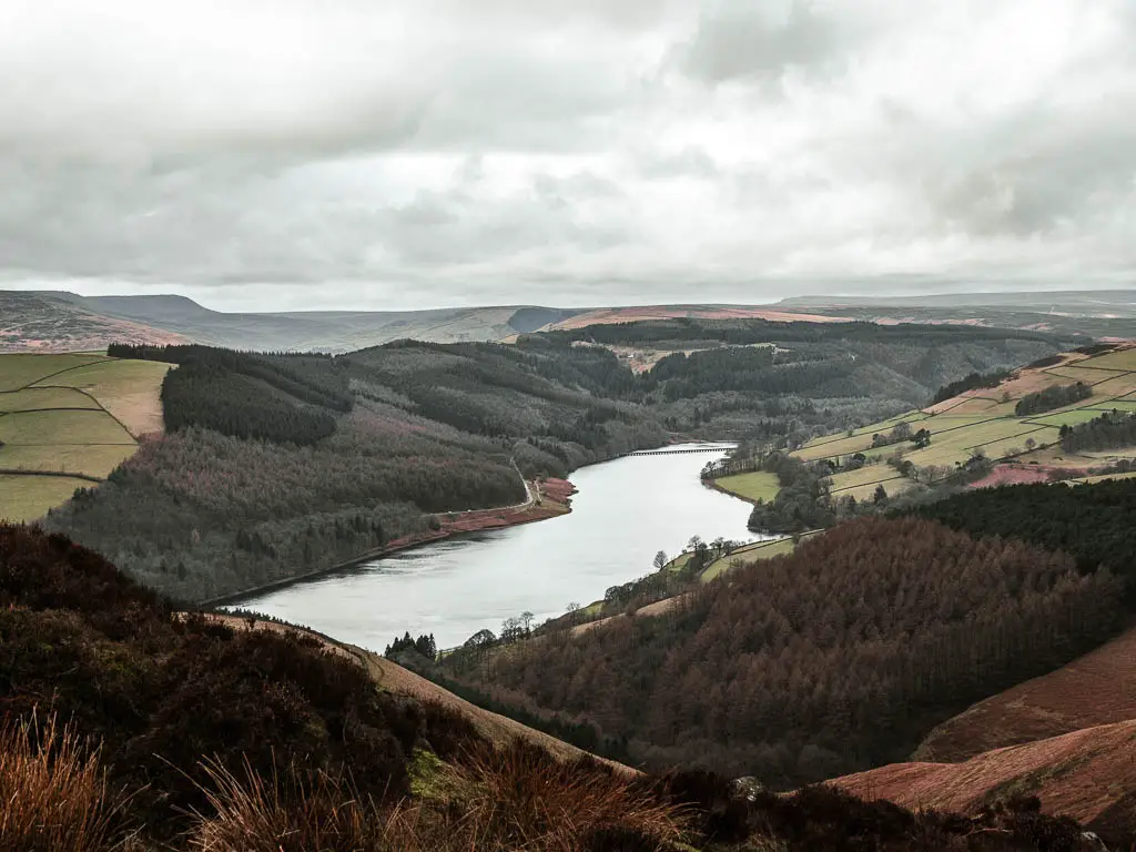 Looking down to the reservoir in the valley, when walking along Derwent Edge.