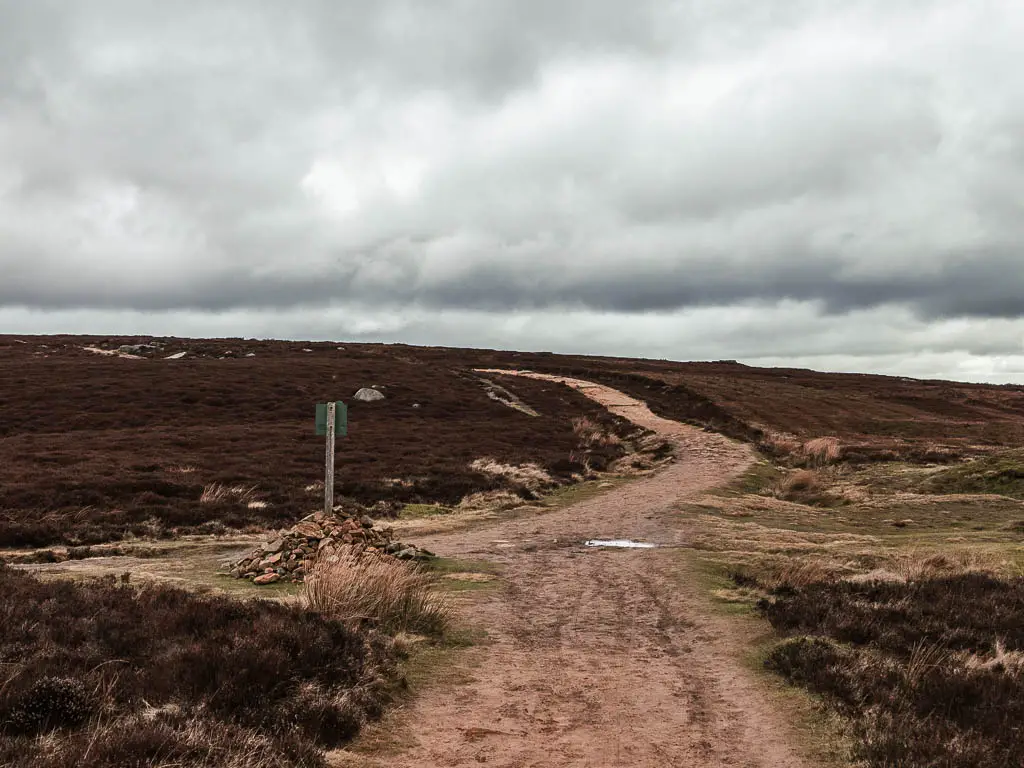 A trail junction with a signpost in the middle. The ground is covered in brown heather.