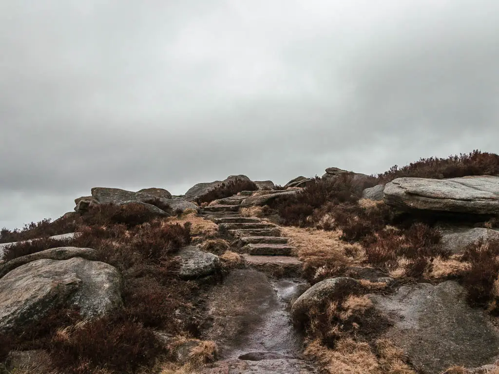 Rock steps leading up to more rocks, with patches of grass between the rocks.