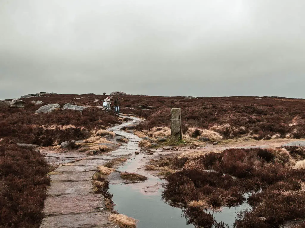 A paved stone trail junction along Derwent Edge, with people walking ahead. There is a puddle of water next to the trail.