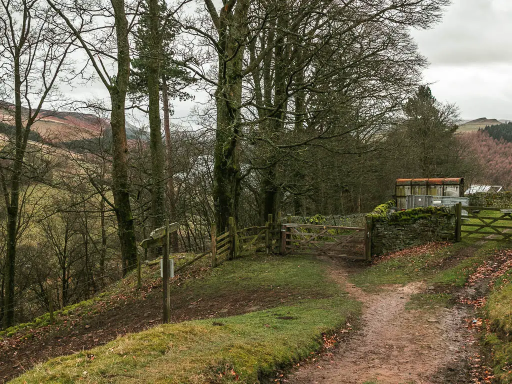 A turning on the path with a wooden gate on the corner, surround by trees.