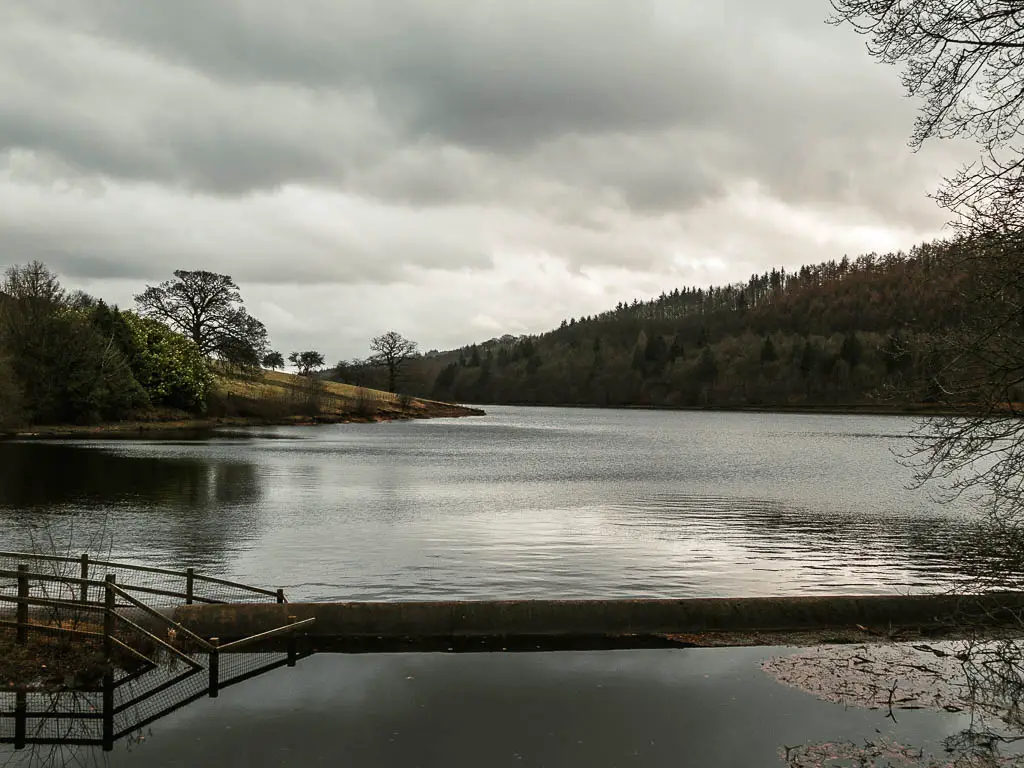 Looking across the calm water of the reservoir, with trees on the other side, on a grey misty day.