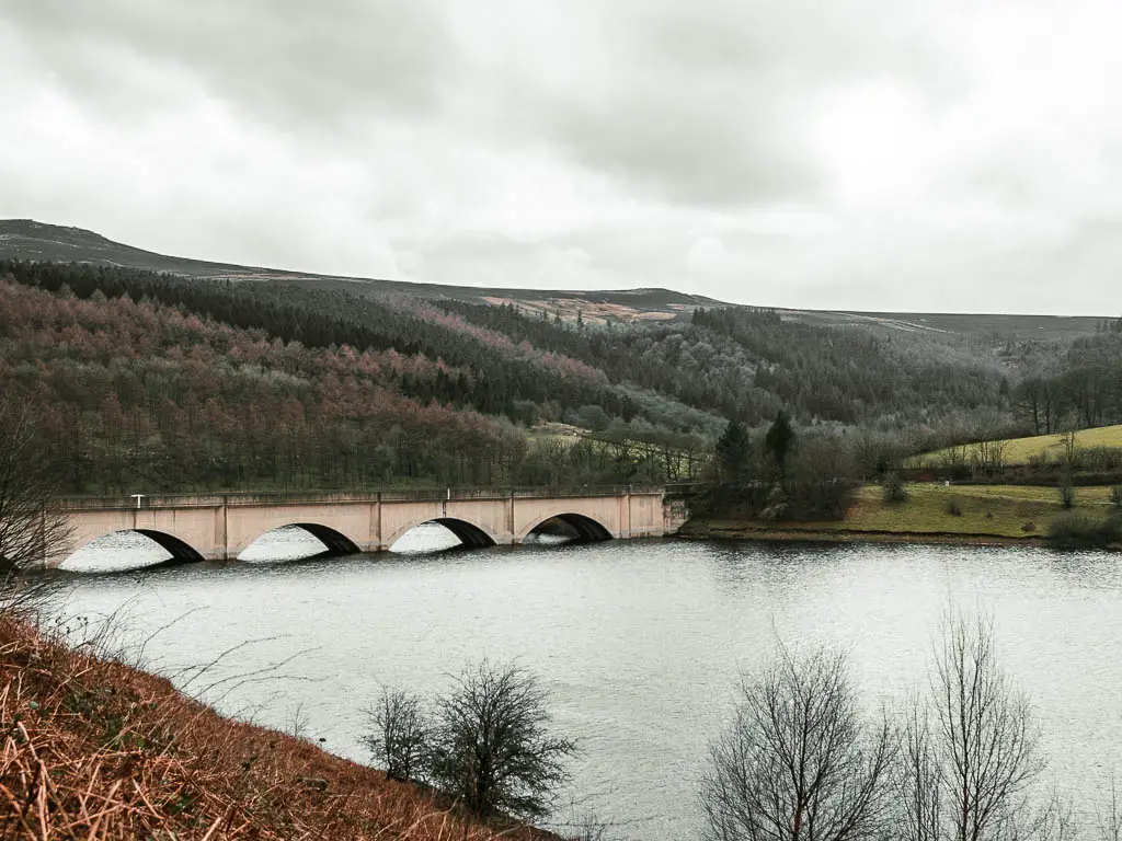 Looking towards the arched bridge over the reservoir, and a hill covered in woodland on the other side.