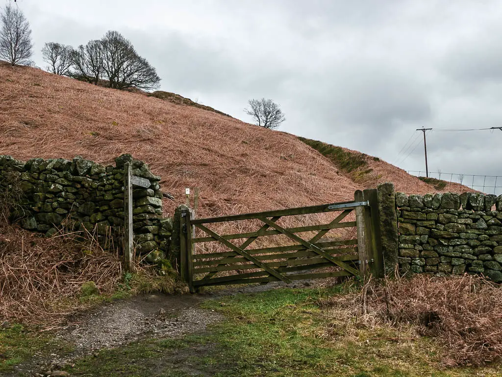 A wooden fence in the stone wall, with an orange hay covered hill on the other side.
