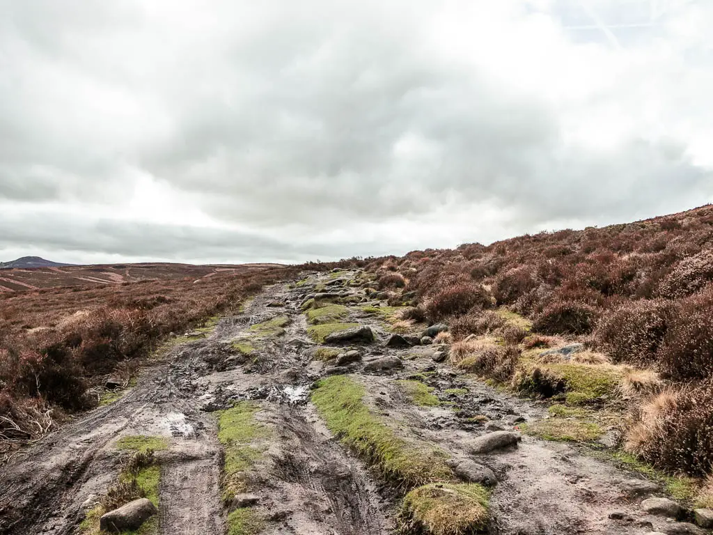 A muddy rocky trail with patches of grass, on the walk towards Derwent Edge. It's a cloudy day.