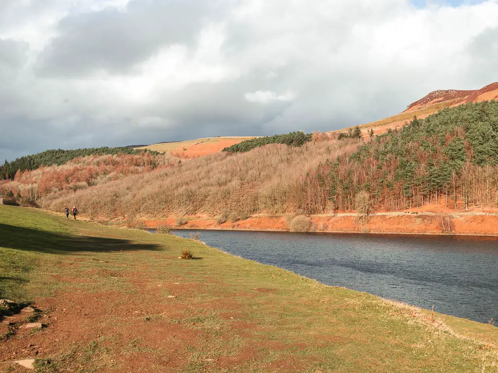 A large area of green grass on the left side of the Ladybower Reservoir, with a couple of people walking up ahead. On the other side of the reservoir is a hill in shades of green, orange and brown, covered in woodland trees. 