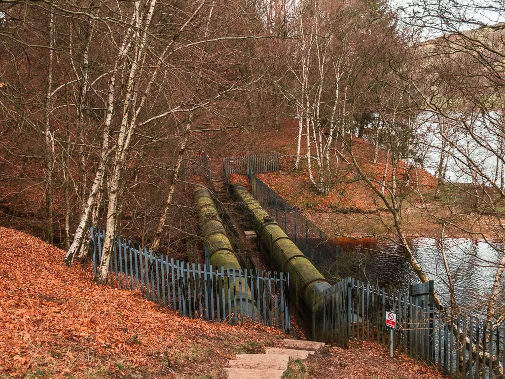 Steps leading down to a metal fence and pipes leading over a section of the reservoir.