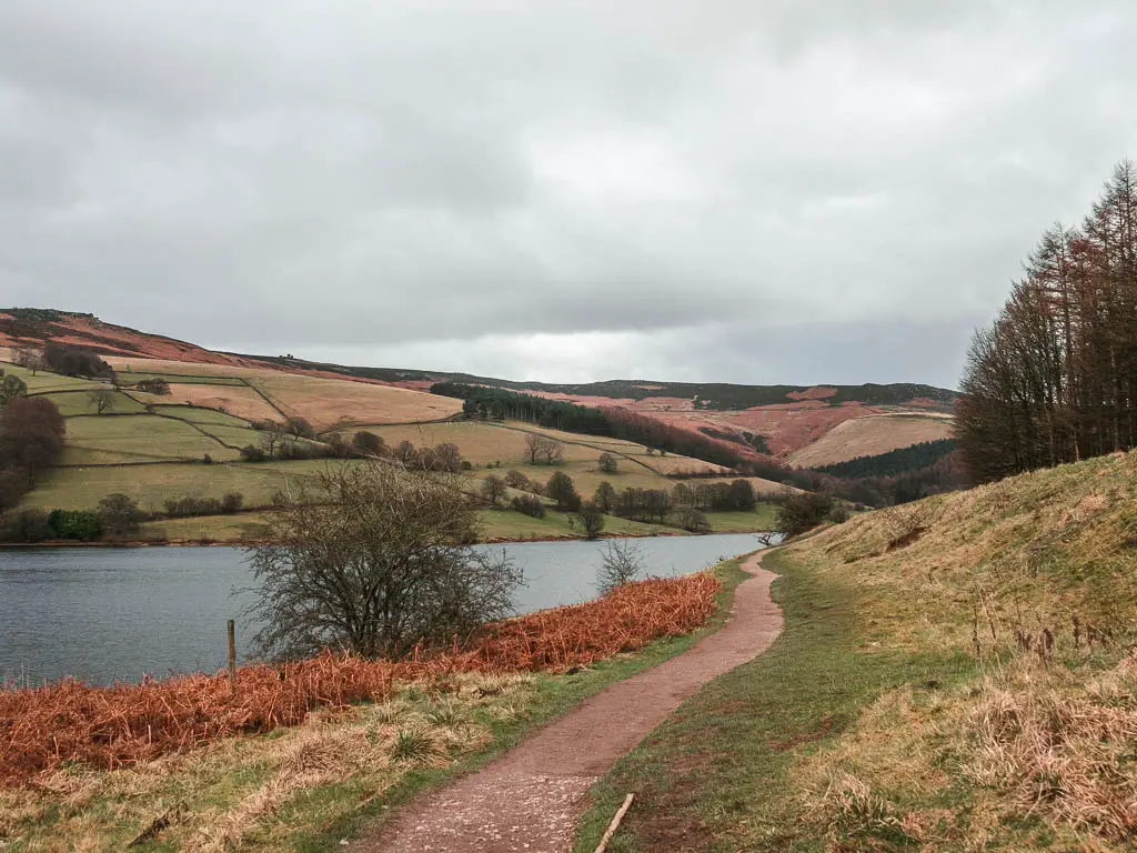 A narrow trail running alongside the right side of the Ladybower Reservoir, with green patchwork hill fields on the other side.