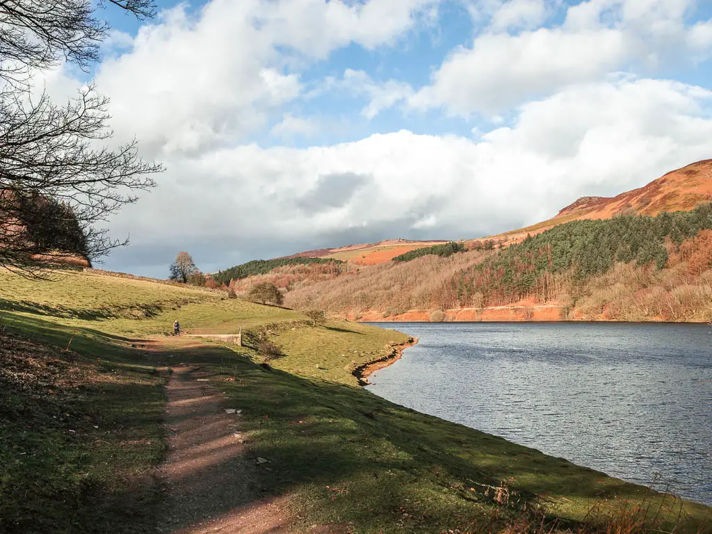 A trail running along the left side of the reservoir, with a woodland covered hill on the other side.