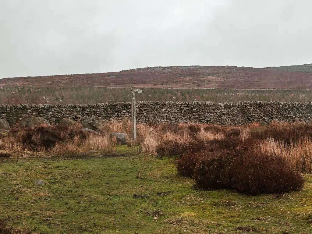 A wooden trail signpost marking the route towards Simon's Seat. There is a stone wall past the sign.