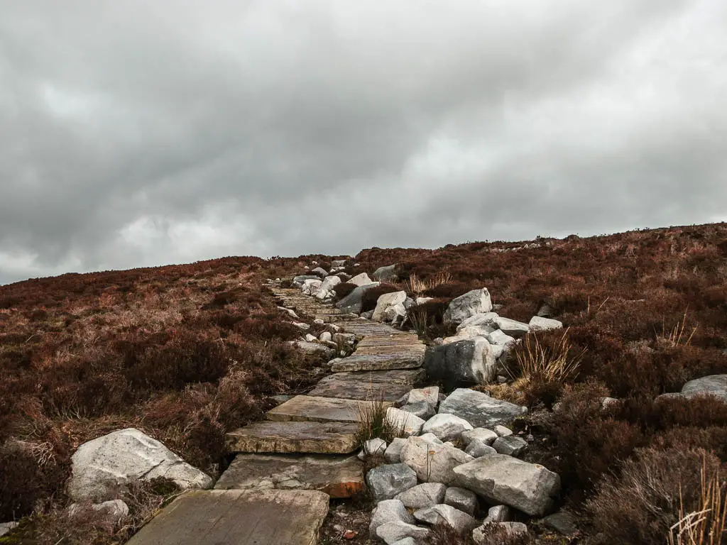 A rugged stone paved trail surrounded by dead heather on the walk up to Simon's Seat.