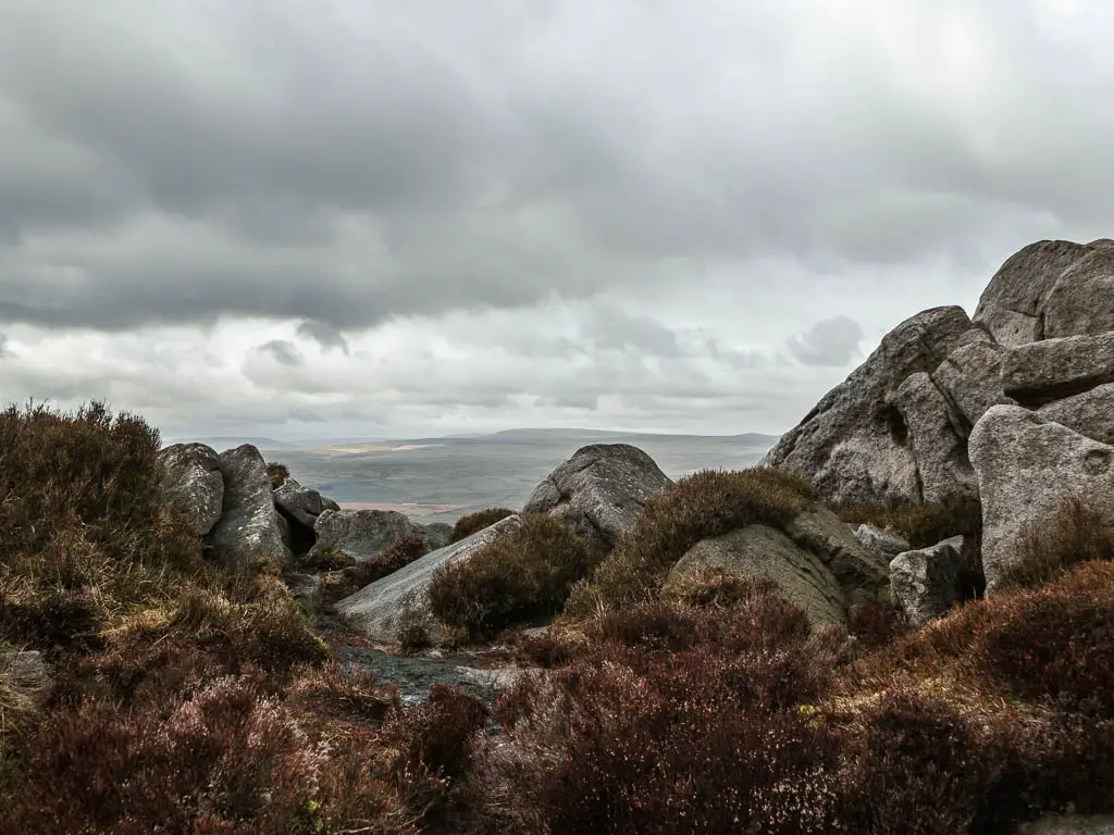 Looking through a gap in the large rocks, with tufts of dead heather, and view to the landscape in the distance, on the walk around the top of Simon's Seat.