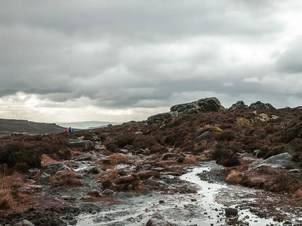 The muddy path, with lots of rocks, and a couple of people walking ahead.