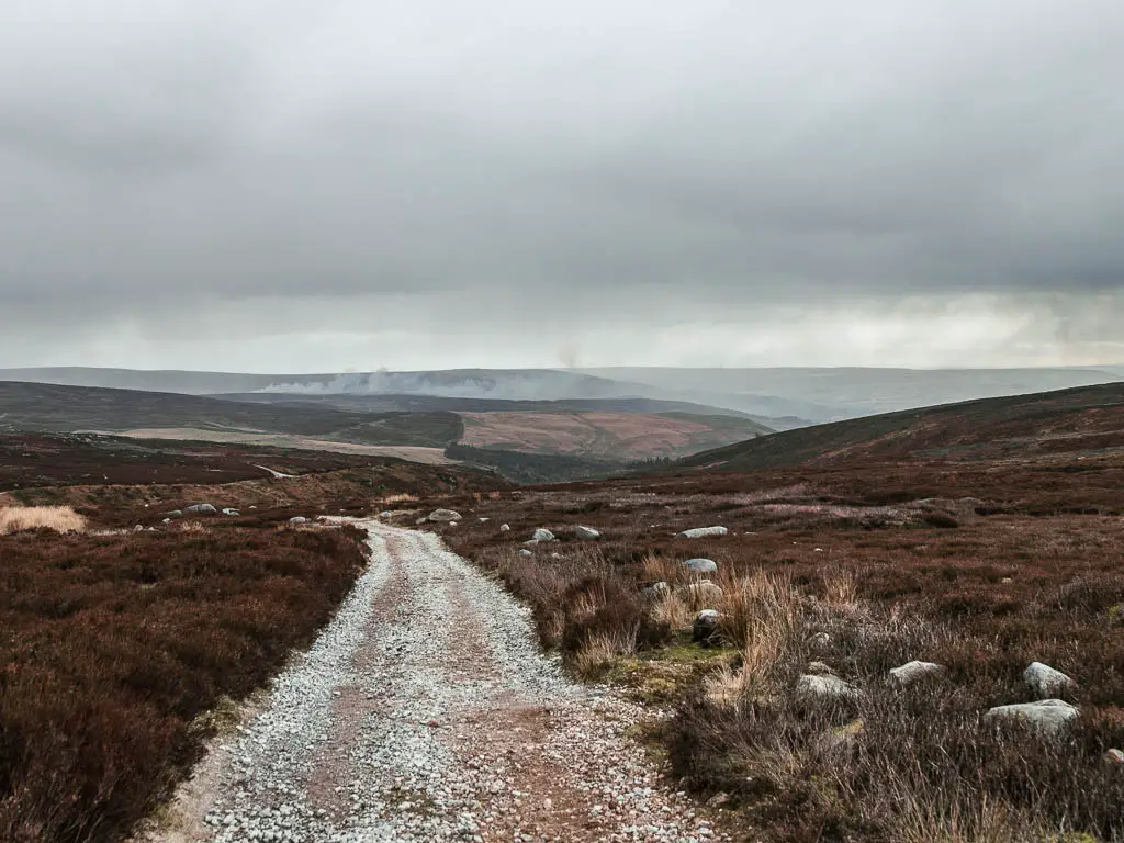 A gravel path leading downhill, surround by brown dead plants, and a view to the hills in the distance, on the walk down from Simon's Seat toward the Valley of Desolation.