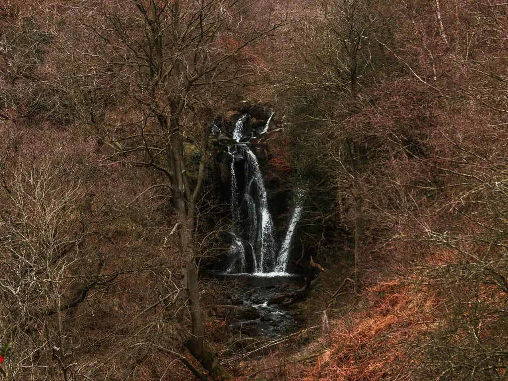 Looking through a gap in the trees towards a beautiful waterfall in the Valley of Desolation, on the circular walk down from Simon's Seat.